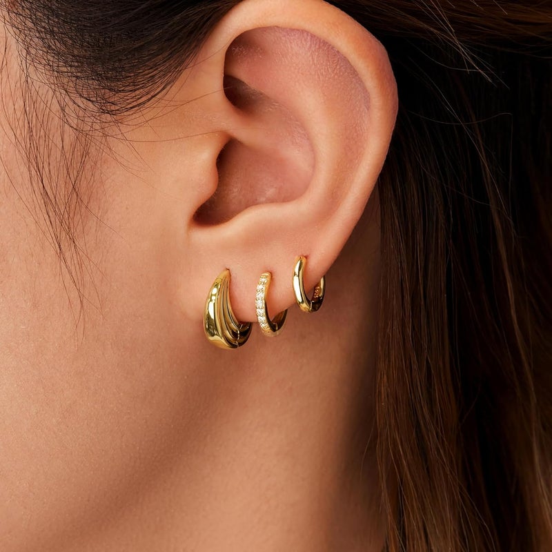 Inerney 14K Gold Plated Huggie Hoop Earrings for Women, Small Sterling Silver Earring Set Hypoallergenic Cartilage Helix Stacks, Mini Dainty Cute Trendy Birthstone Jewelry Gift for Multiple Piercings - Image 3
